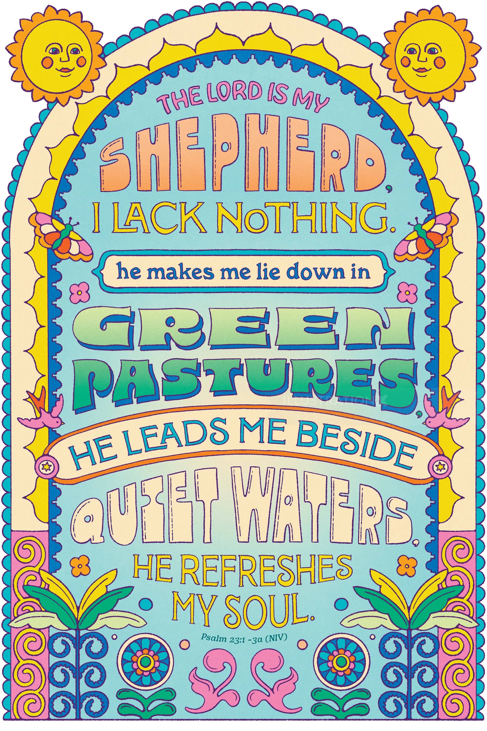 Illustrated Psalm lettering by Lively Scout reading The Lord Is My Shepherd