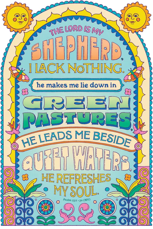 Illustrated Psalm lettering by Lively Scout reading The Lord Is My Shepherd