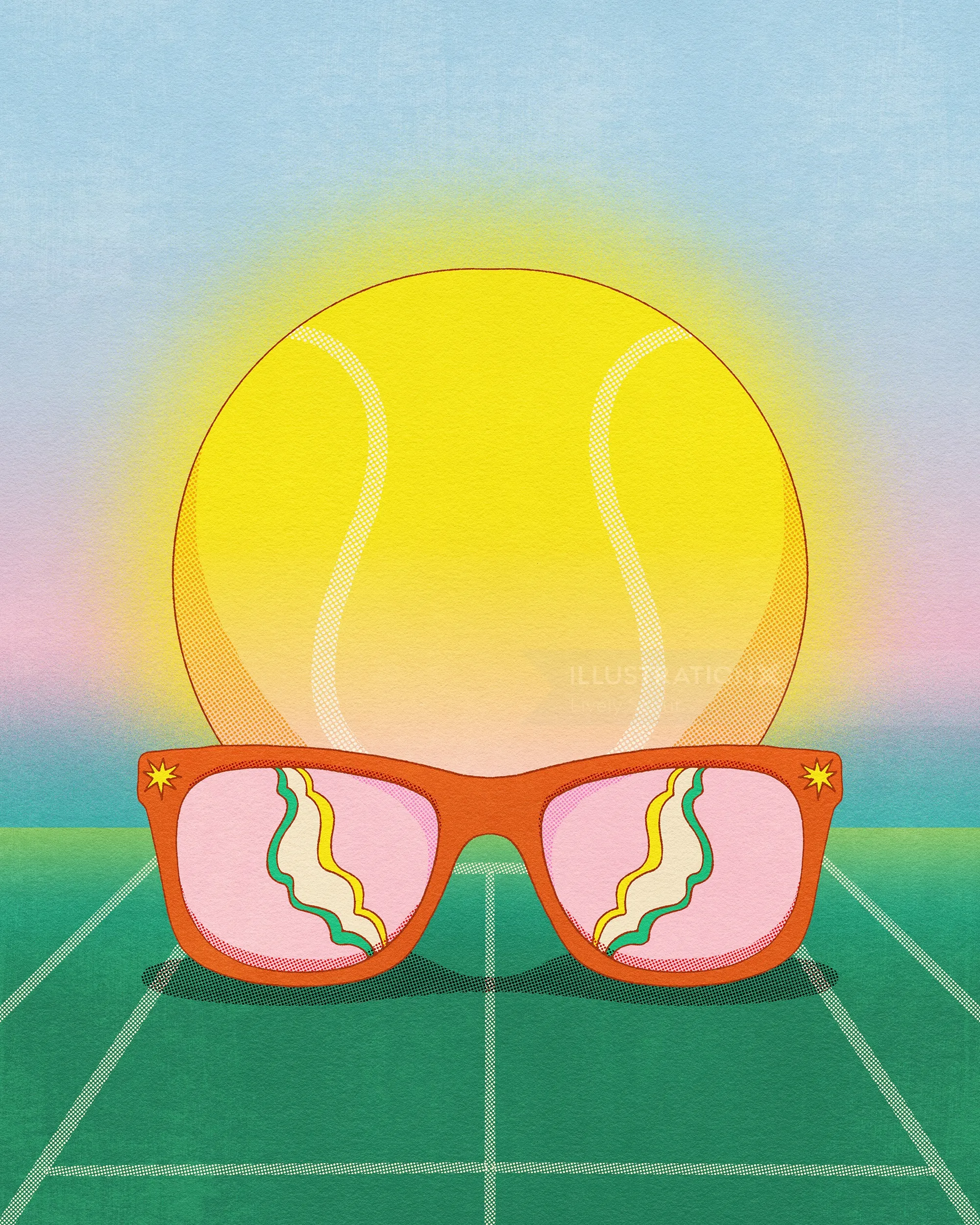 Tennis court seen through colorful sunglasses, illustrated by Lively Scout.