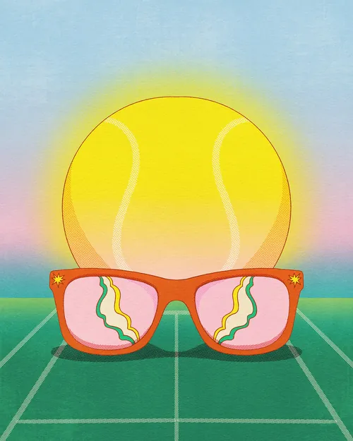 Tennis court seen through colorful sunglasses, illustrated by Lively Scout.