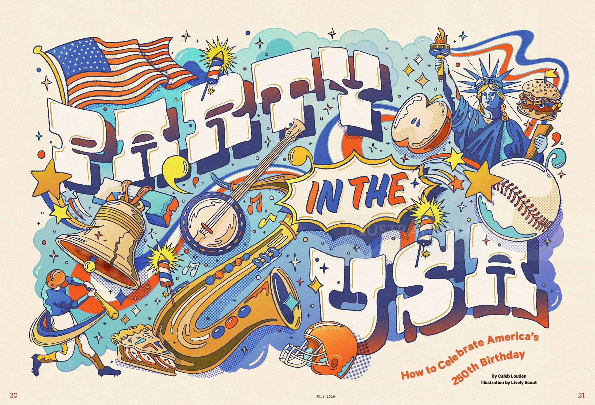 Editorial illustration by Lively Scout featuring patriotic symbols and bold lettering