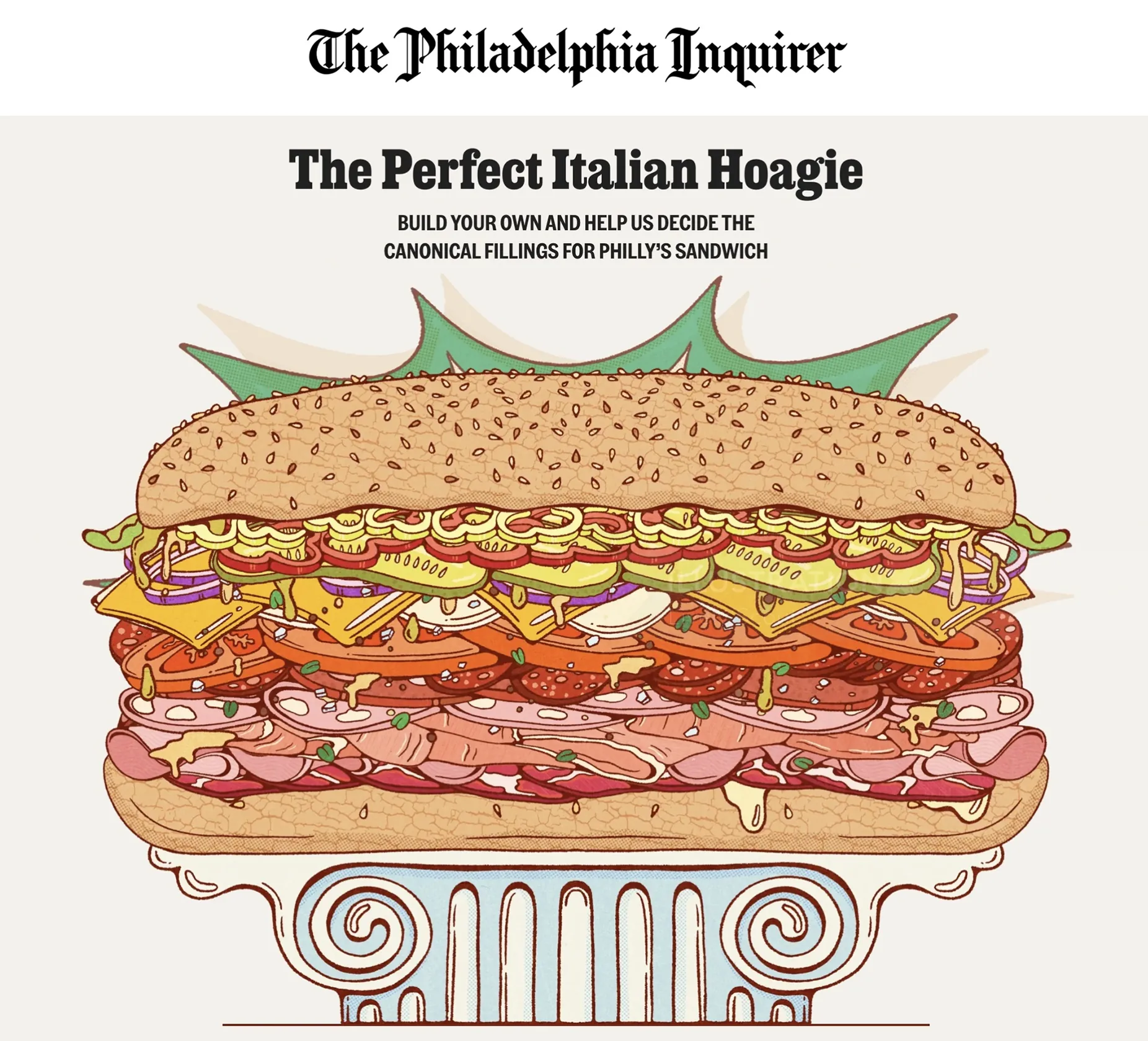 Lively Scout illustration of a richly layered Italian hoagie on a pedestal.