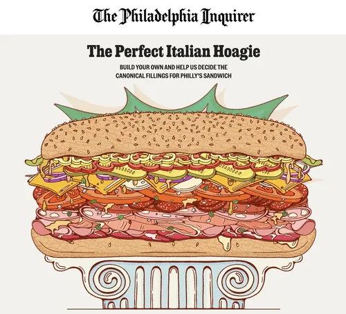Lively Scout illustration of a richly layered Italian hoagie on a pedestal.