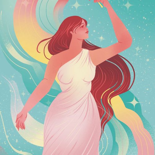 Liz Merino illustration of a goddess reaching toward a creative flame