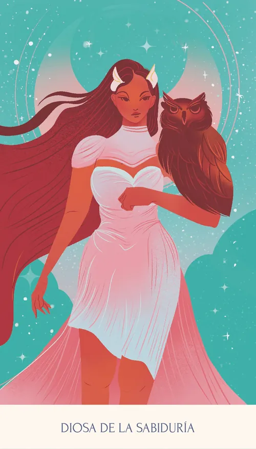 Liz Merino illustration of the Goddess of Wisdom holding an owl