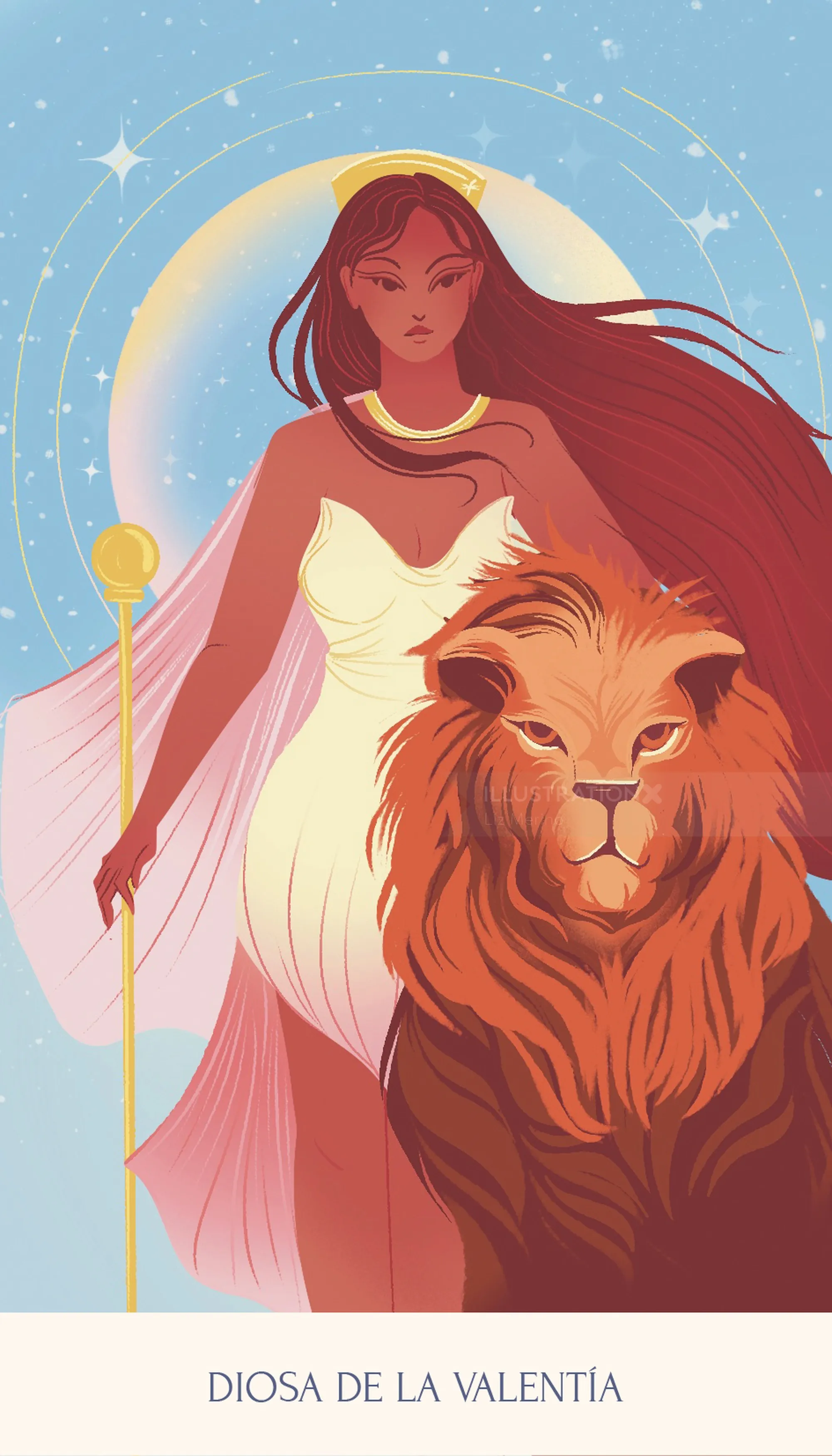 Liz Merino illustration of a red-haired goddess beside a lion