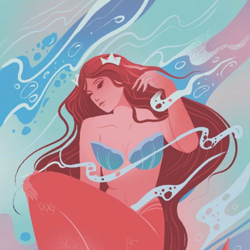 Liz Merino’s red-haired water goddess with a flowing mermaid tail and swirling waves