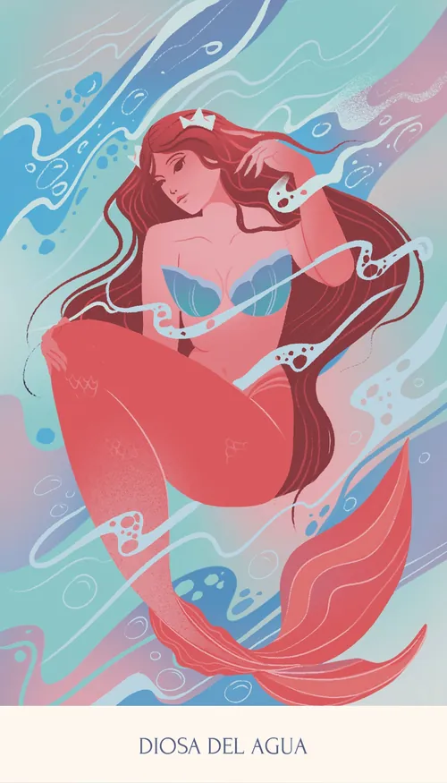 Liz Merino’s red-haired water goddess with a flowing mermaid tail and swirling waves