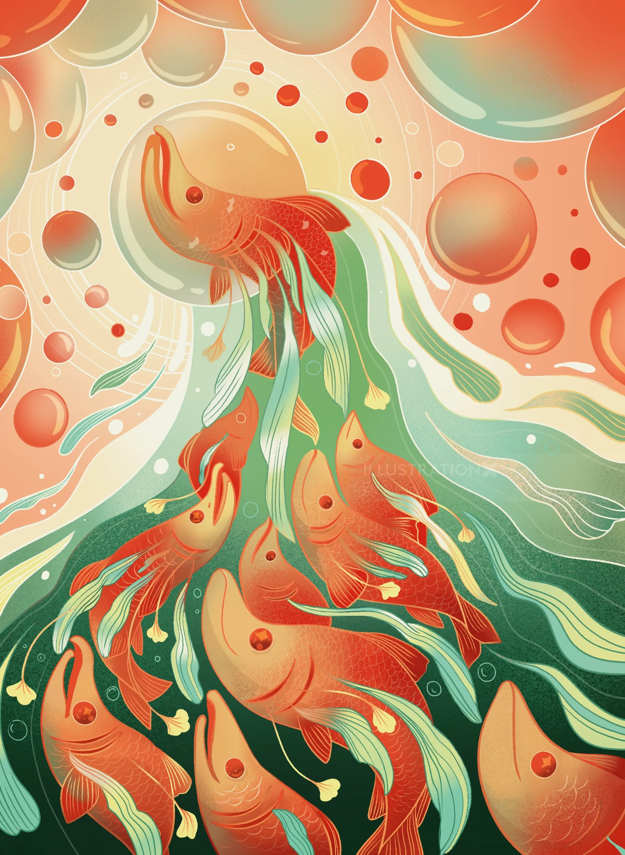 Ilustración de Liz Merino de formas orgánicas fluidas rojas y verdes.