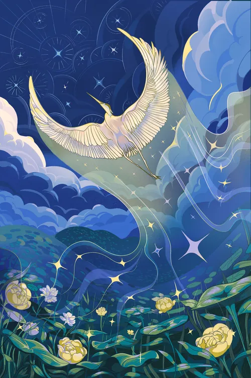 Liz Merino illustration of a crane flying over flowers beneath a starry moonlit sky