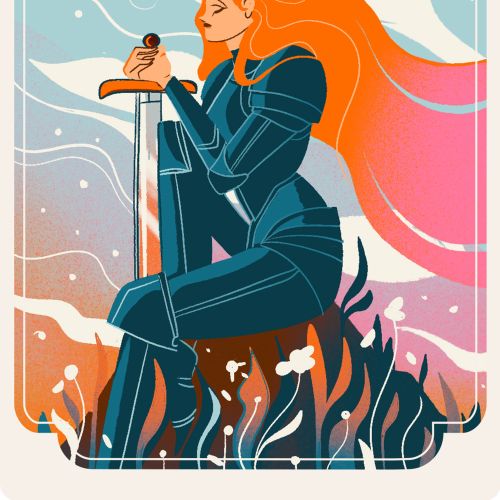Illustration by Liz Merino showing a red-haired woman seated by water