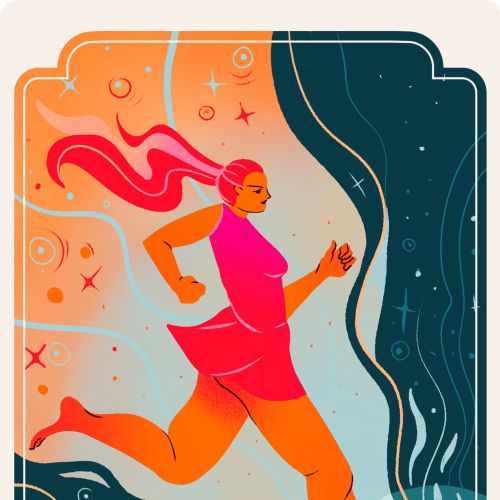 Liz Merino illustration of a woman running through a flowing cosmic landscape