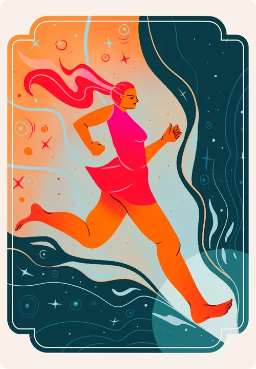 Liz Merino illustration of a woman running through a flowing cosmic landscape