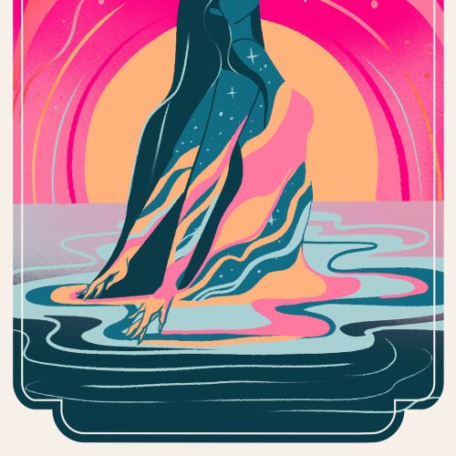 Liz Merino illustration of a woman with flowing hair in pink waters