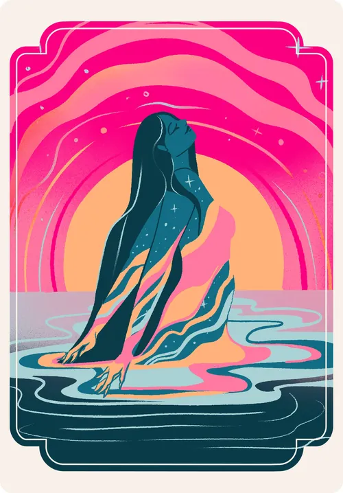 Liz Merino illustration of a woman with flowing hair in pink waters