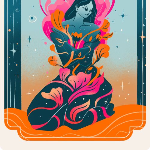 Illustrated oracle card by Liz Merino showing a woman surrounded by flowers