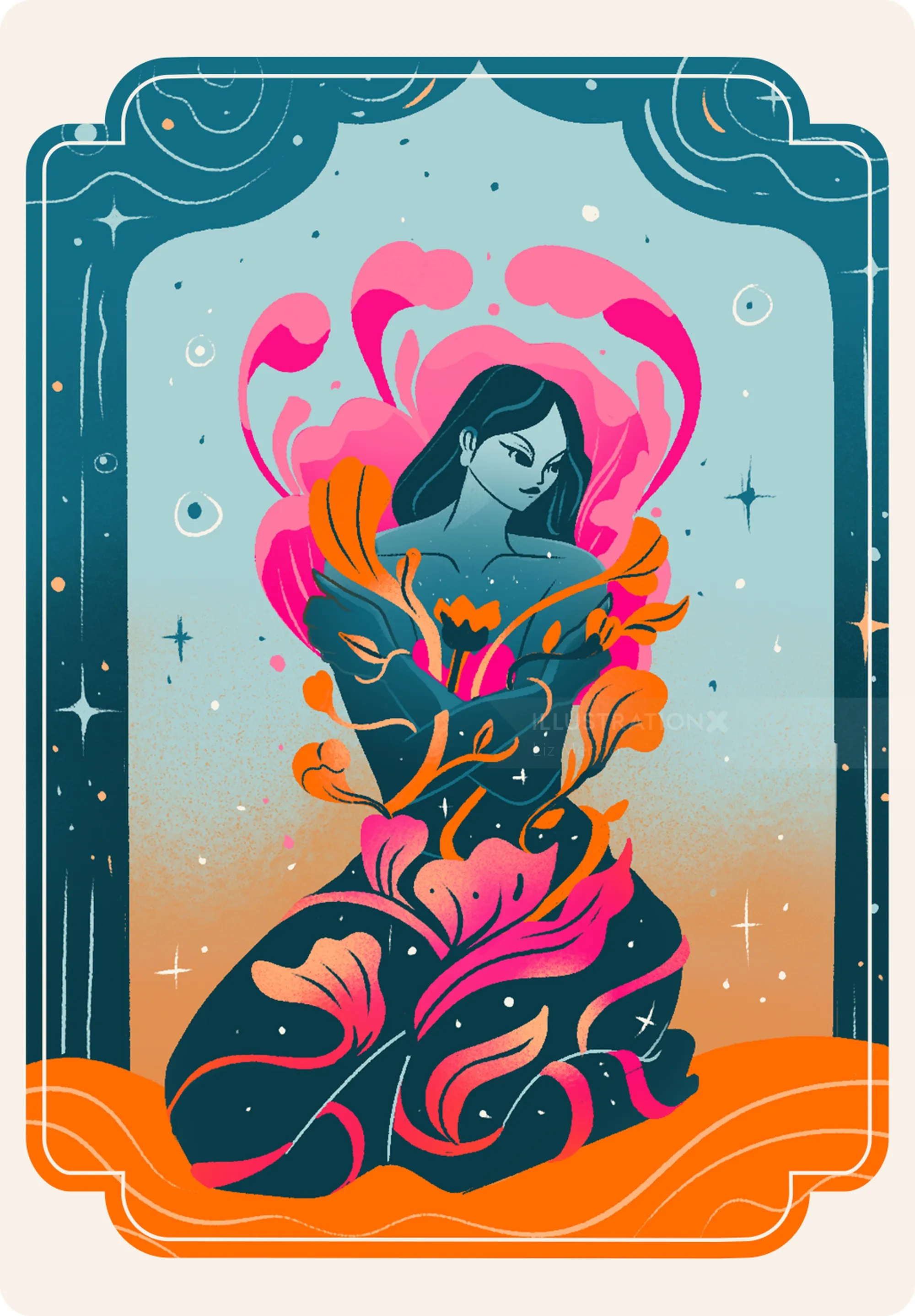 Carta oráculo ilustrada por Liz Merino que muestra a una mujer rodeada de flores.