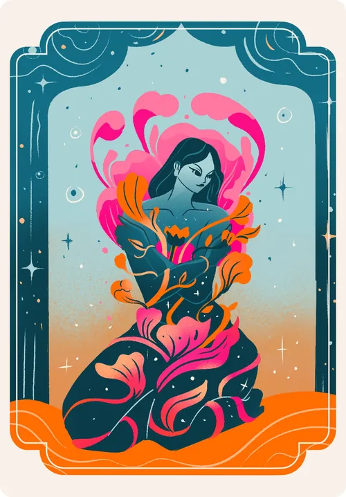 Illustrated oracle card by Liz Merino showing a woman surrounded by flowers