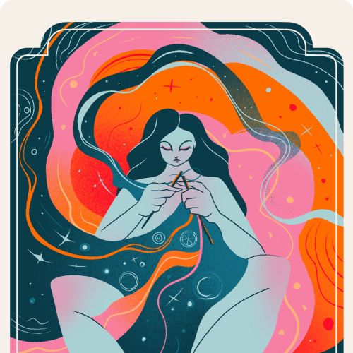 Illustration by Liz Merino of a woman floating in colorful cosmic menstrual imagery.