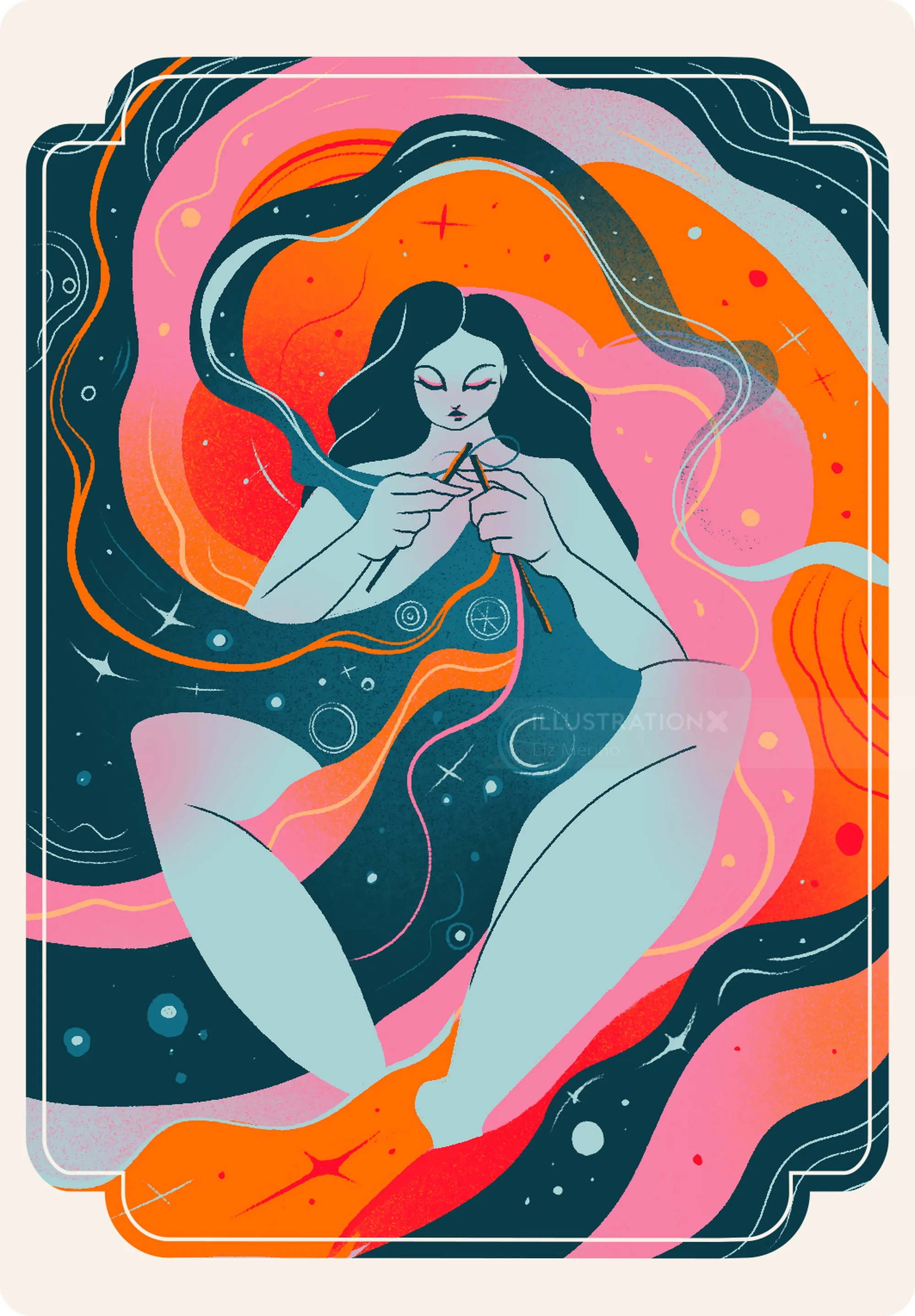 Ilustración de Liz Merino de una mujer flotando en coloridas imágenes cósmicas de la menstruación.