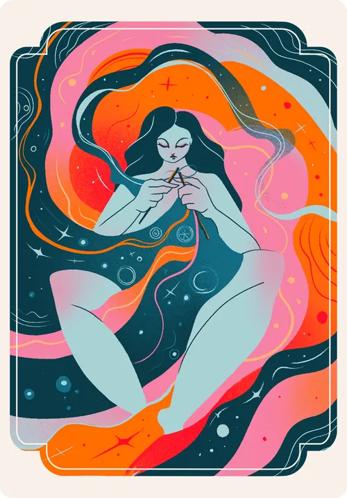 Illustration by Liz Merino of a woman floating in colorful cosmic menstrual imagery.