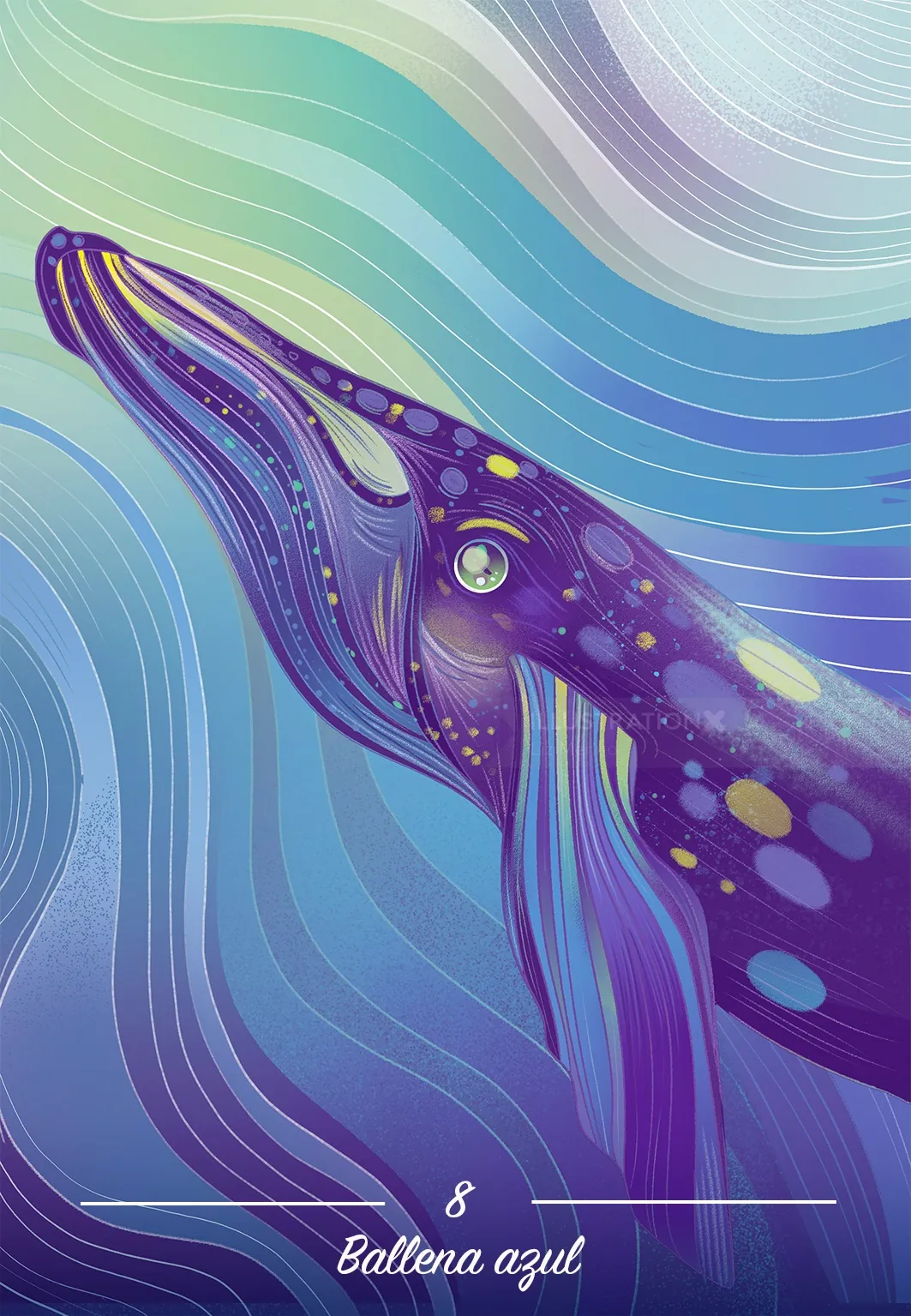 Ilustración de una carta oráculo de la ballena azul realizada por Liz Merino.