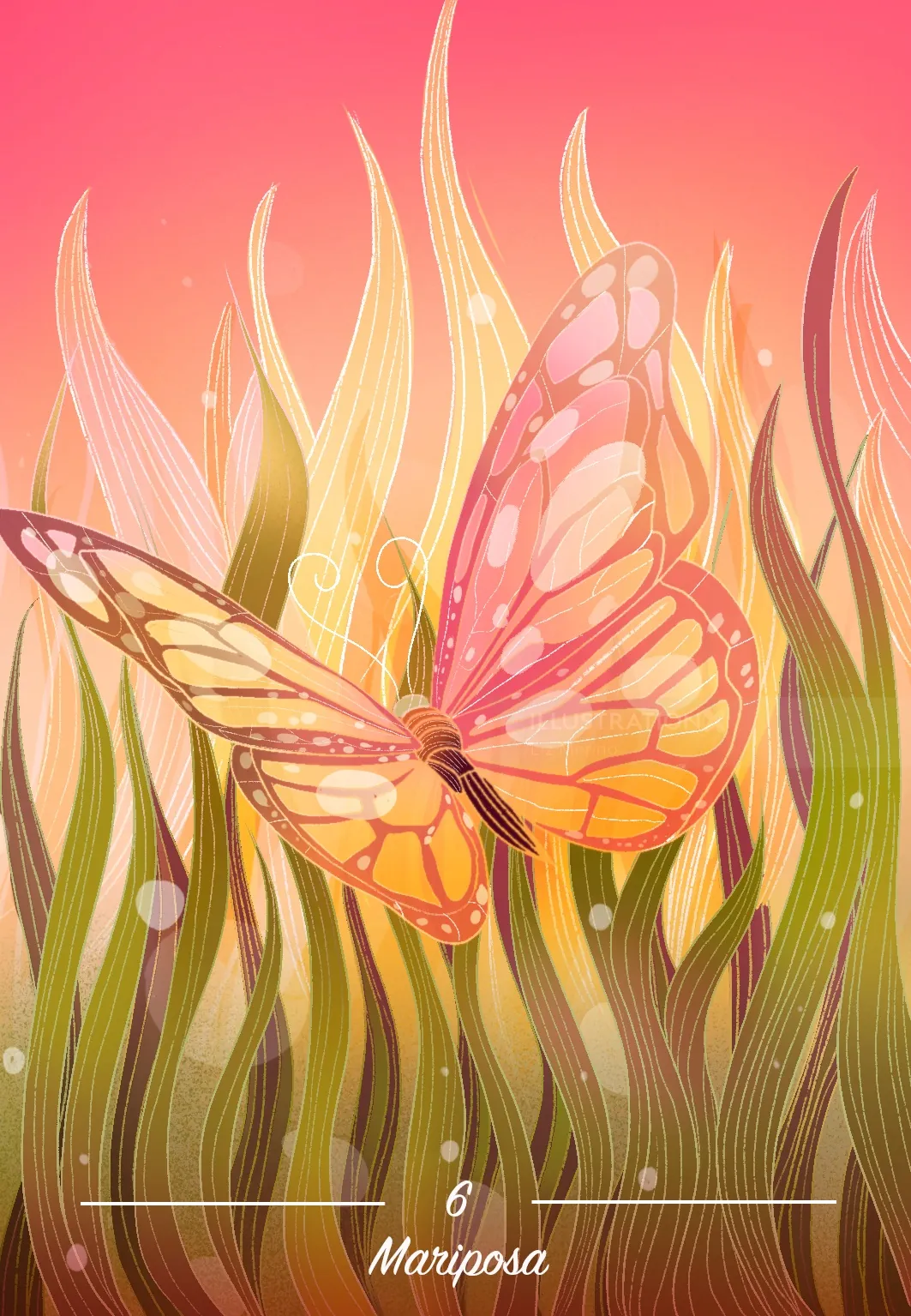 Ilustración de una carta oráculo de mariposas realizada por Liz Merino.