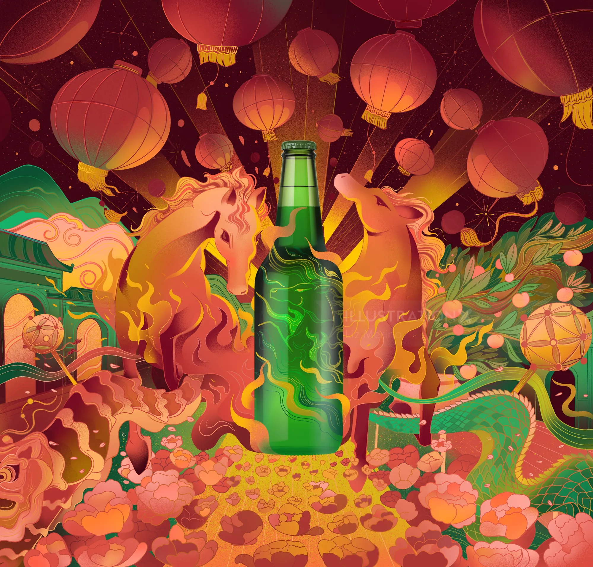 Ilustración de Liz Merino de una botella de Carlsberg, caballos de fuego, dragones y faroles.