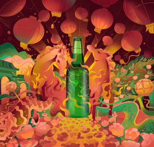 Liz Merino illustration of a Carlsberg bottle, fire horses, dragons, and lanterns