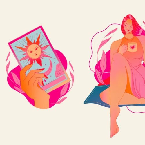 Liz Merino illustration of a woman reading beside a colorful book