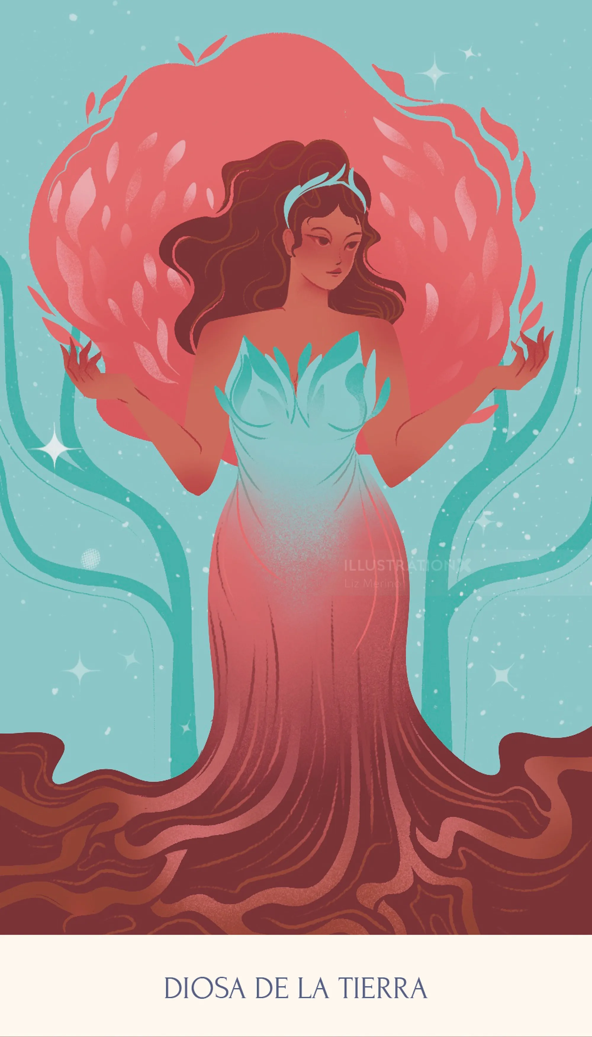 Ilustración de Liz Merino de una diosa de la tierra rodeada de raíces y follaje.