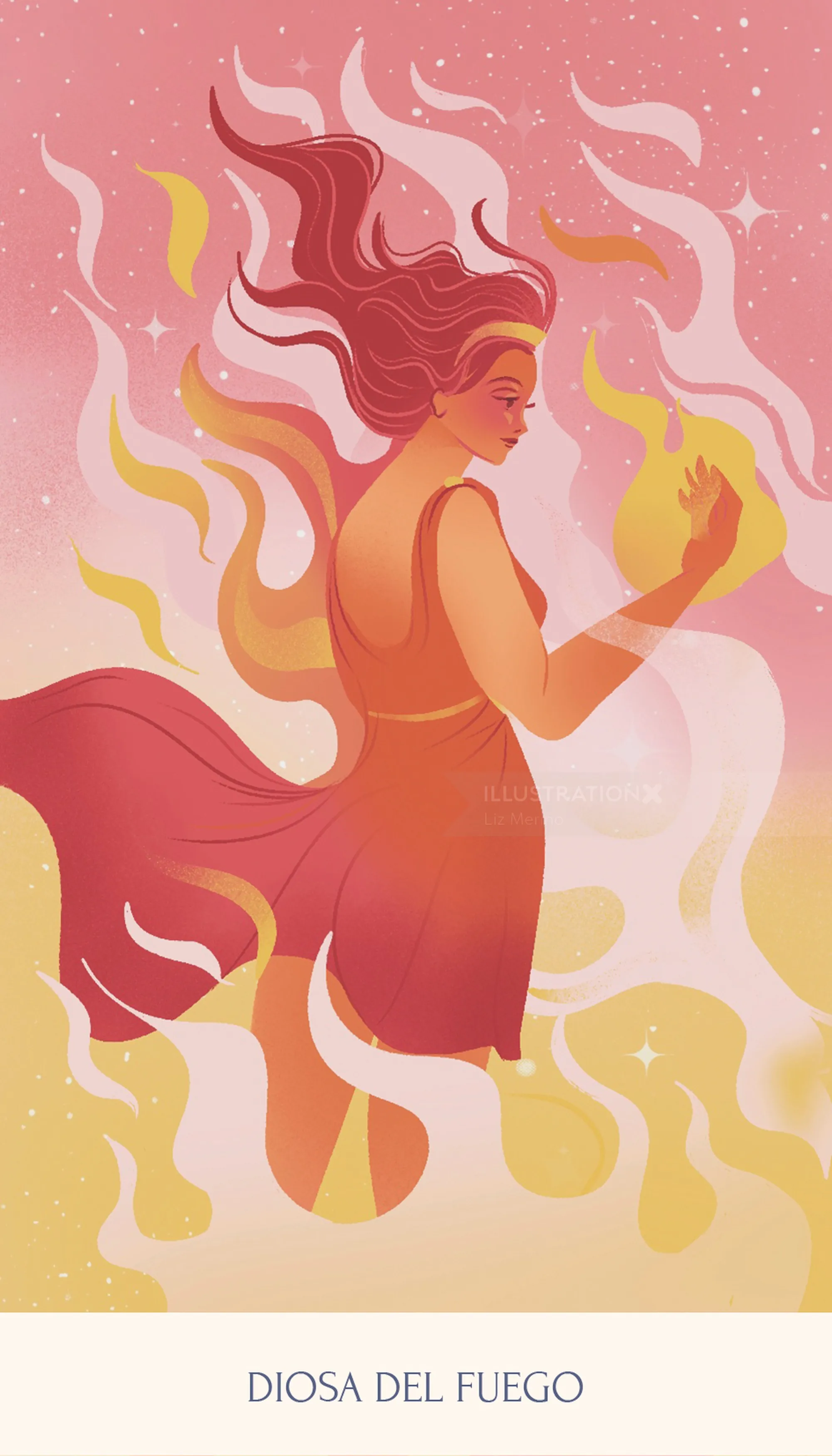 Ilustración de Liz Merino de una diosa de fuego rodeada de llamas.