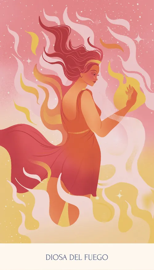 Illustration de Liz Merino représentant une déesse de feu entourée de flammes.