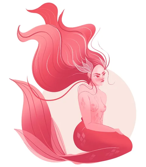 Liz Merino illustration of a red-haired mermaid with a flowing tail