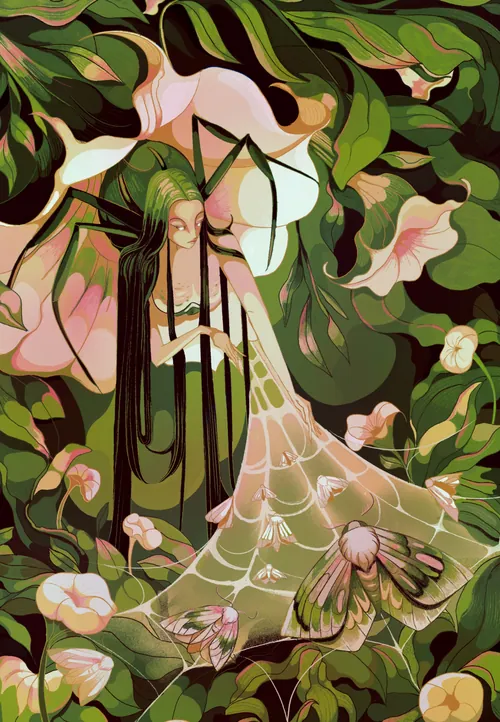 Liz Merino illustration of a woman entwined with foliage and a spider web