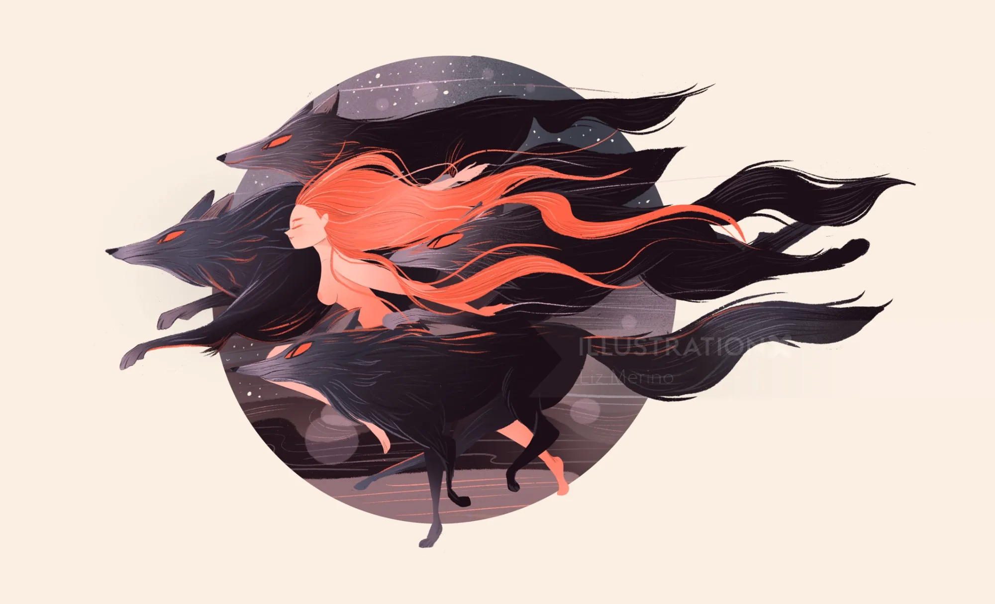Ilustración de Liz Merino de una figura corriendo con lobos bajo la luna llena.