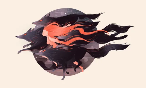 Liz Merino illustration of a figure running with wolves beneath a full moon