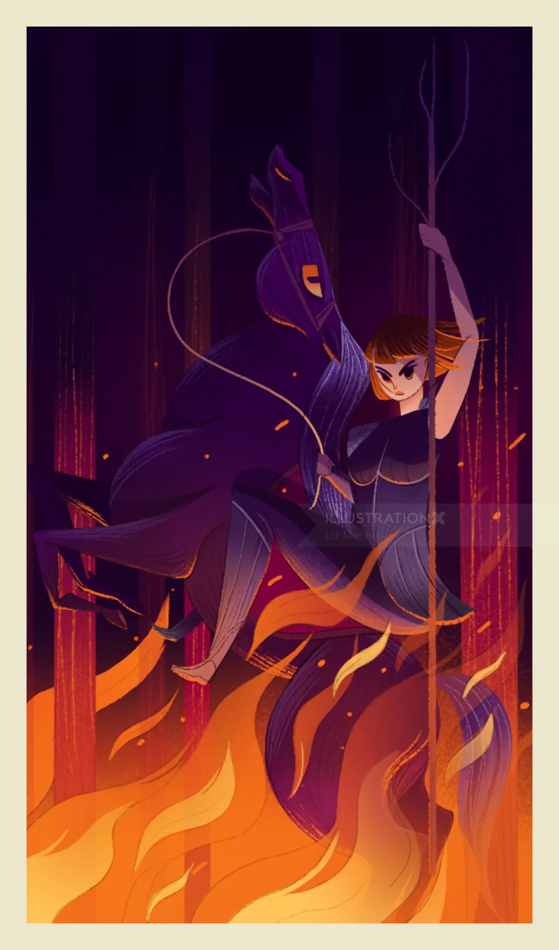 Liz Merino's tarot-inspired Knight of Wands figure surrounded by flames