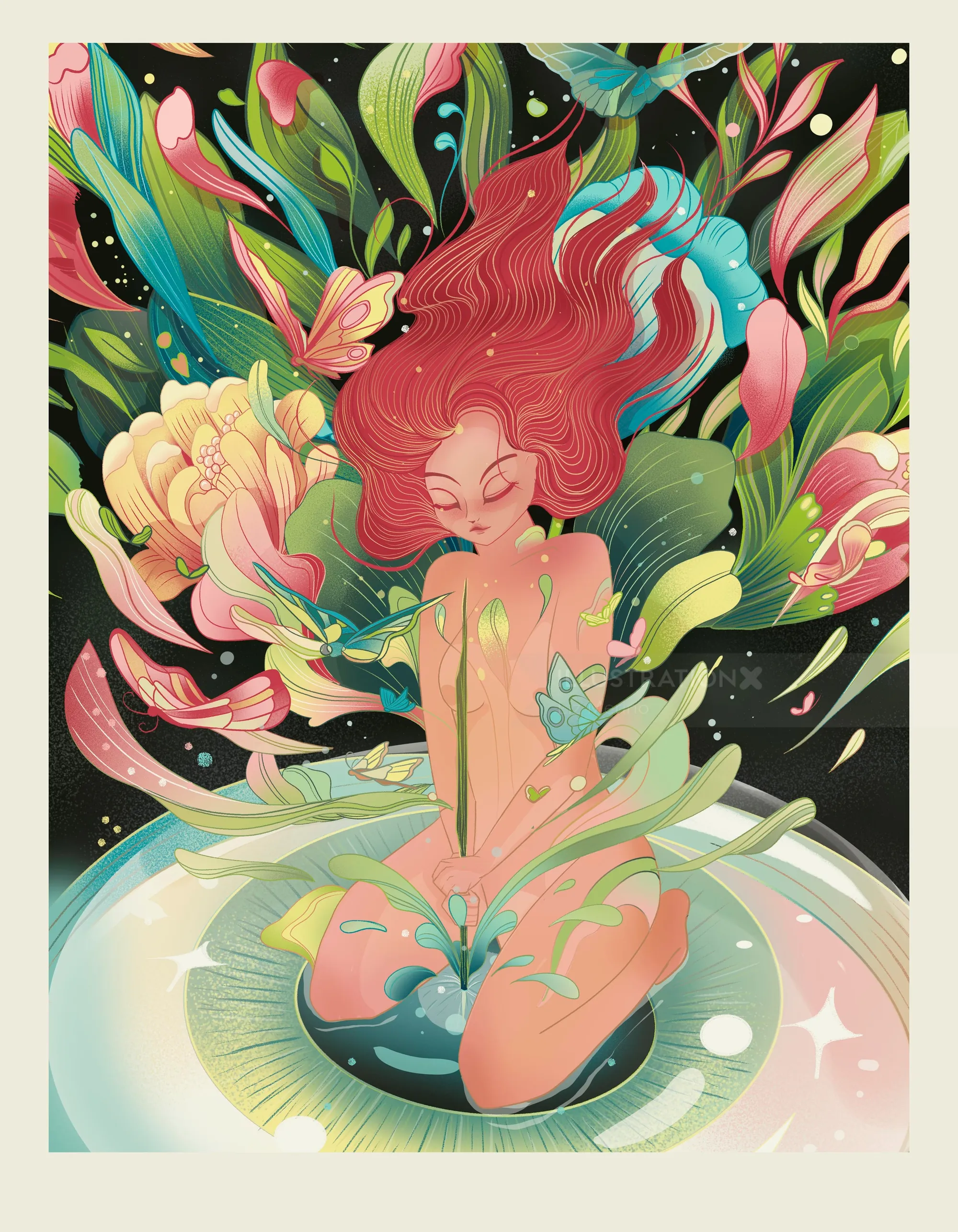 Ilustración de Liz Merino de una mujer floreciendo entre flores y mariposas.