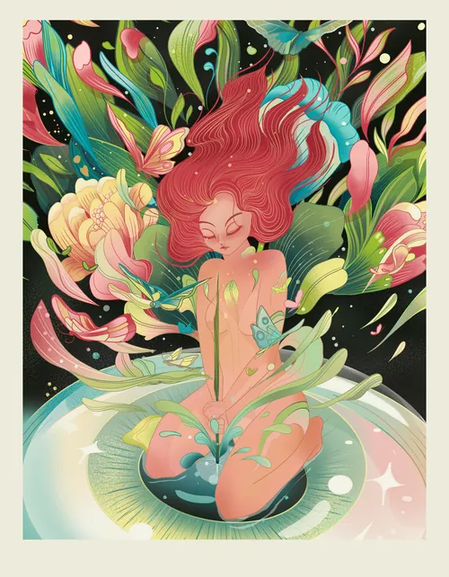 Liz Merino illustration of a woman blooming amid flowers and butterflies