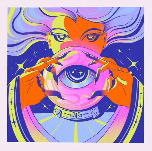 Liz Merino illustration of a fortune teller holding a crystal ball with an eye