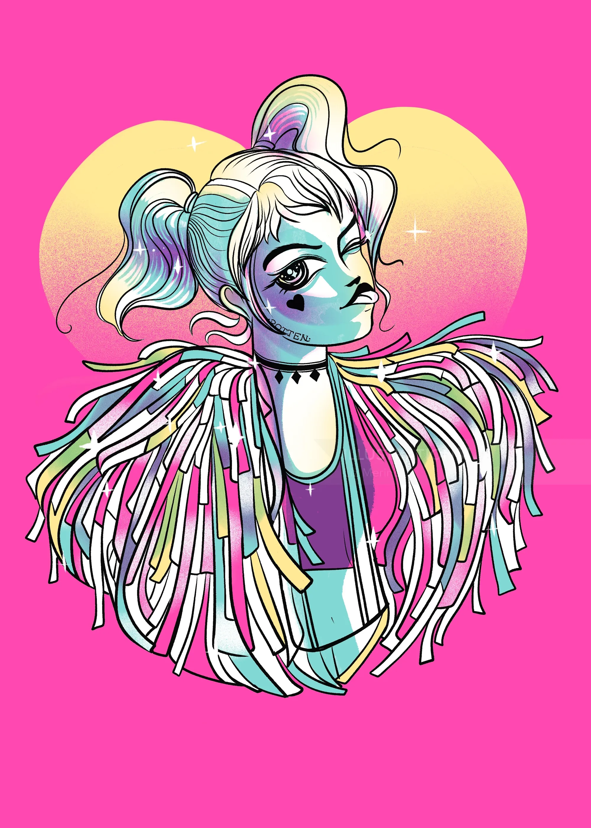 Liz Merino illustration of a punk pastel harlequin with colorful pigtails