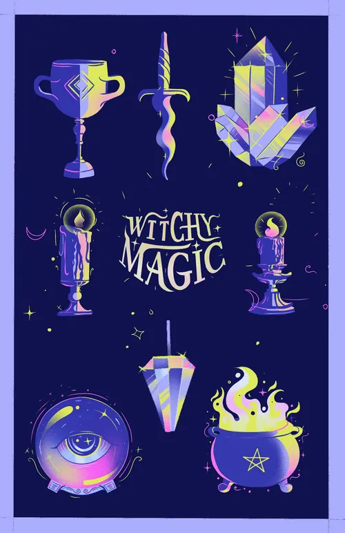Liz Merino witchcraft sticker set with crystals, candles, cauldron, and magical symbols