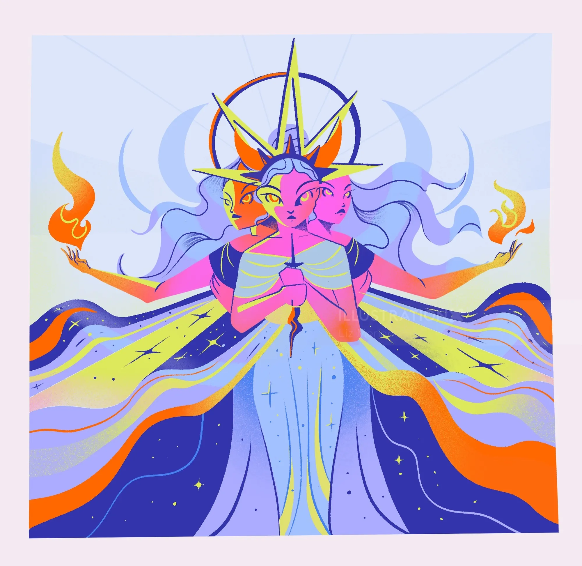Hecate figure with four arms and flames, by Liz Merino