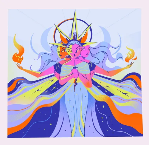 Hecate figure with four arms and flames, by Liz Merino