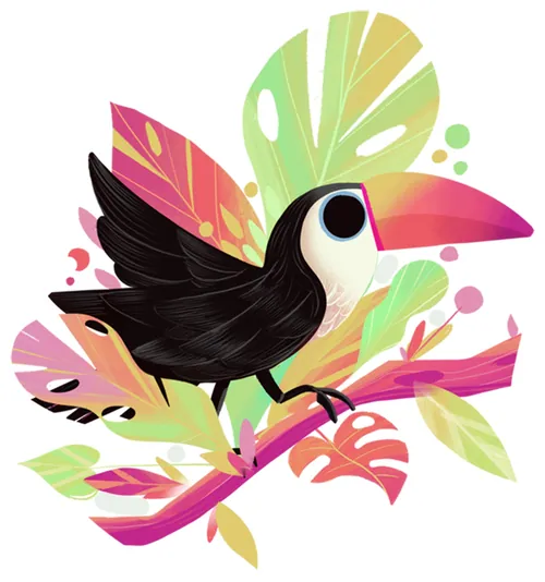 Liz Merino illustration of a colorful toucan perched among tropical leaves