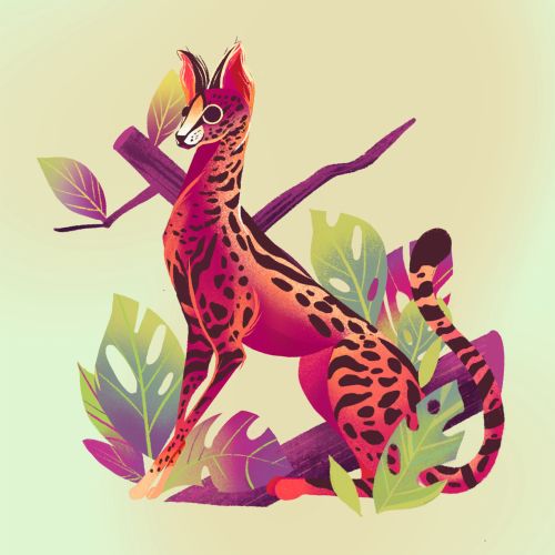 Liz Merino illustration of a spotted serval sitting on a branch