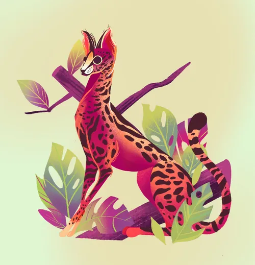Liz Merino illustration of a spotted serval sitting on a branch