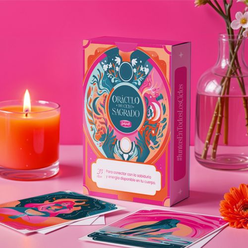 Liz Merino's Oráculo del Ciclo Sagrado card deck with candle and flowers
