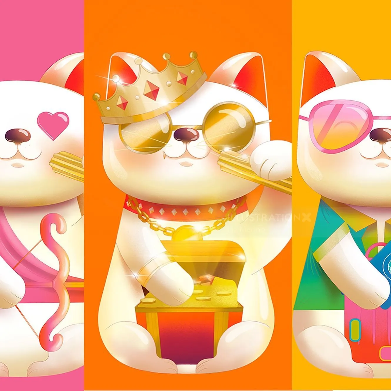 Liz Merino illustration of three colorful maneki-neko lucky cats